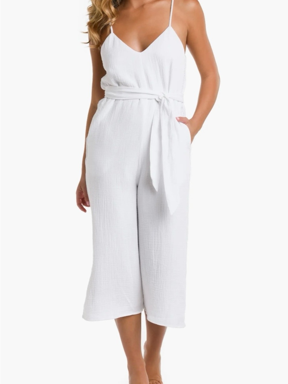 La Blanca White Sleeveless Tie-Waist Cropped Jumpsuit